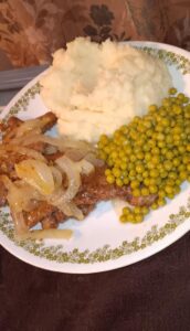 Beef Liver and Onions and rice and peas